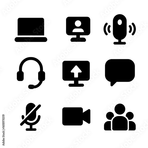 Remote Meeting Icons. Solid, filled icon set of remote meeting tools: laptop, video chat, conference speaker, headset, screen