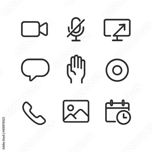 Remote Work Icons. Outline icon set of remote work hotkeys: video call toggle, mute microphone, share screen, chat open, raise