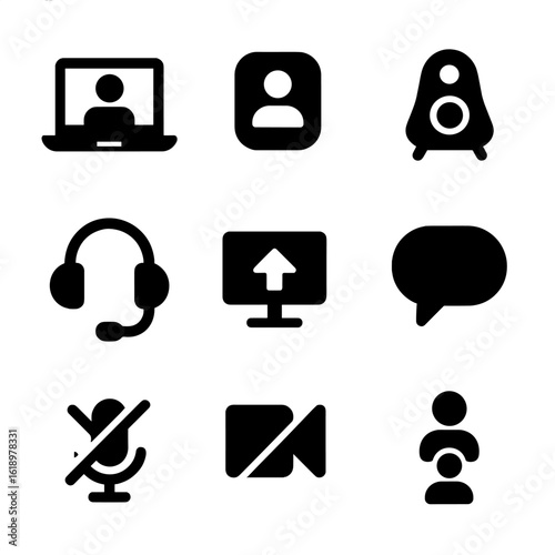 Remote Meeting Icons. Solid, filled icon set of remote meeting tools: laptop, video chat, conference speaker, headset, screen