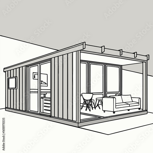 Modern Shipping Container Home, Container house, Container custom home design Plan with Interior Furnishings, Detailed Vector Illustration in Top View for Architectural and Real Estate Design