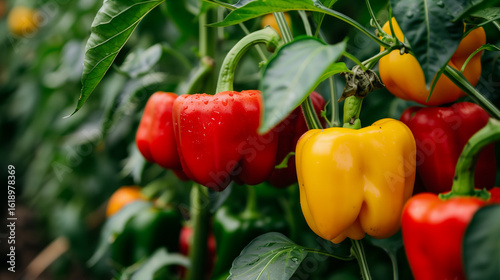 Fresh Red and Yellow Bell Peppers Growing on Plant