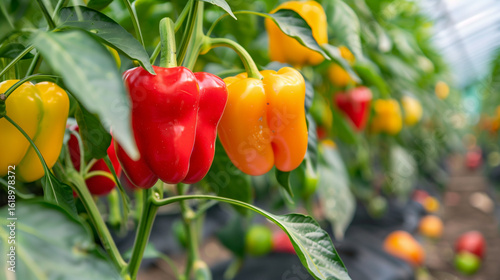 Red and Yellow Bell Peppers Growing in Greenhouse