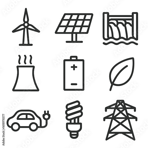 Renewable Energy Icons. Solid, filled icon set of renewable energy sources: wind turbine, solar panel, hydro dam, geothermal plant