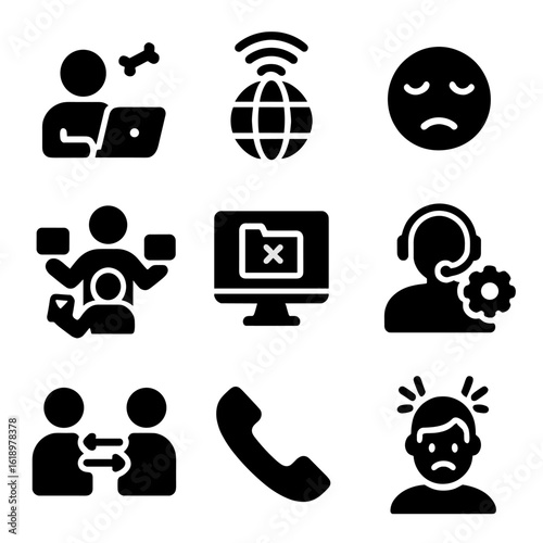 Remote Work Challenges. Solid, filled icon set of remote work challenges: distraction, slow internet, tired face, multitasking,