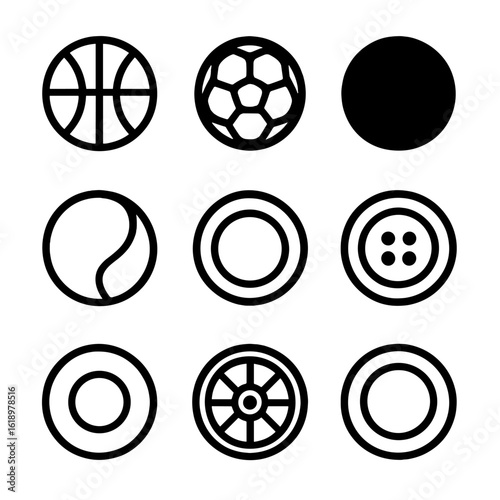 Round Objects Icons. Solid, filled icon set of round objects: basketball, soccer ball, ping pong ball, marble, hoop, button, lens,