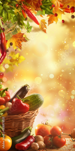 Autumn Vegetables in Basket with Colorful Leaves and Golden Background