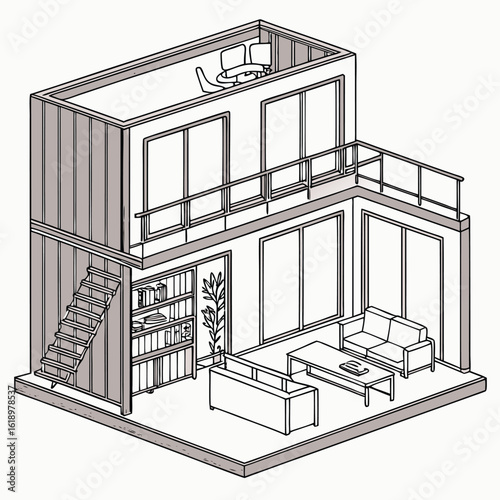 Modern Shipping Container Home, Container house, Container custom home design Plan with Interior Furnishings, Detailed Vector Illustration in Top View for Architectural and Real Estate Design