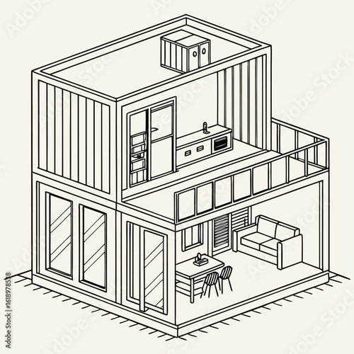 Modern Shipping Container Home, Container house, Container custom home design Plan with Interior Furnishings, Detailed Vector Illustration in Top View for Architectural and Real Estate Design