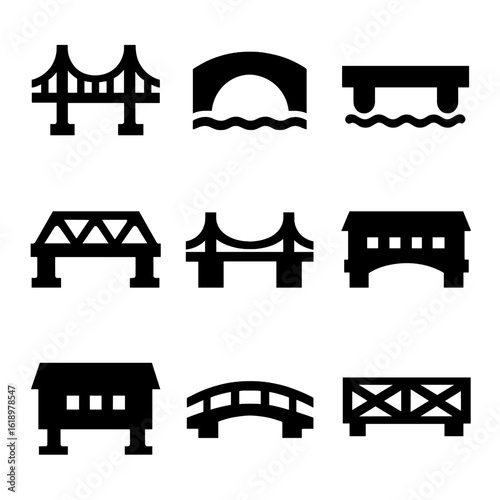 Rustic Bridge Icons. Solid, filled icon set of rustic bridge types: suspension bridge, arch bridge, beam bridge, truss bridge,