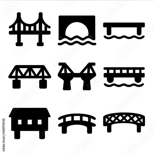 Rustic Bridge Icons. Solid, filled icon set of rustic bridge types: suspension bridge, arch bridge, beam bridge, truss bridge,