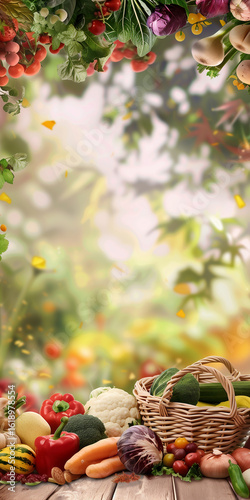 Fresh Harvest Vegetables with Wicker Basket and Blurred Garden Background