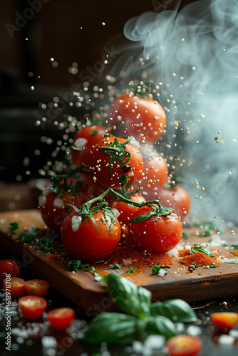 Fresh Tomatoes on Cutting Board with Flying Spices and Steam