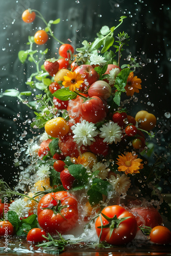 Fresh Fruits and Flowers Splash with Water Drops in Dramatic Light
