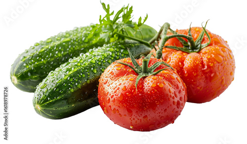 Fresh Tomatoes and Cucumbers with Water Droplets on White Background