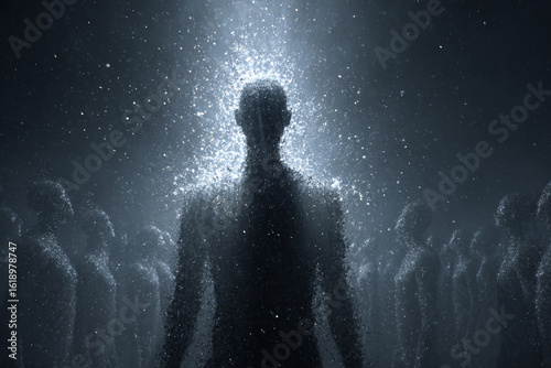 Silhouette of a man in the rain against a dark, glowing cosmic sky with abstract blue light