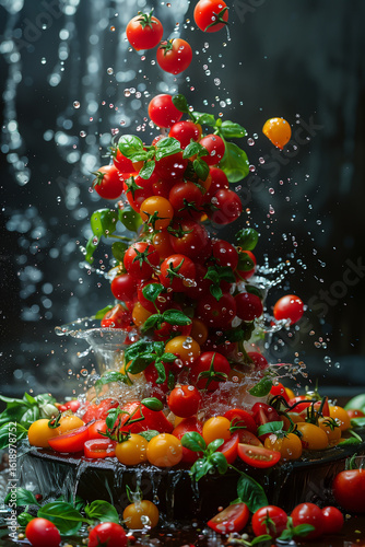 Fresh Cherry Tomatoes Splashing with Water and Basil on Dark Background