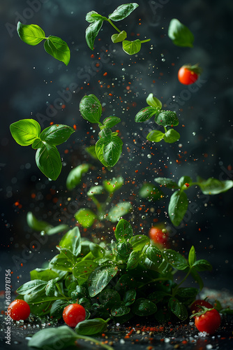 Flying Basil Leaves and Cherry Tomatoes with Spice on Dark Background