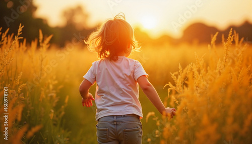 Young child running through golden field at sunset  