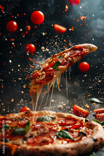 Flying Pizza Slice with Melting Cheese and Pepperoni on Dark Background