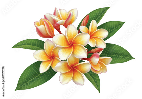 Vector illustration of watercolor illustration of a cluster of beautiful plumeria flowers with green leaves isolated on white background
