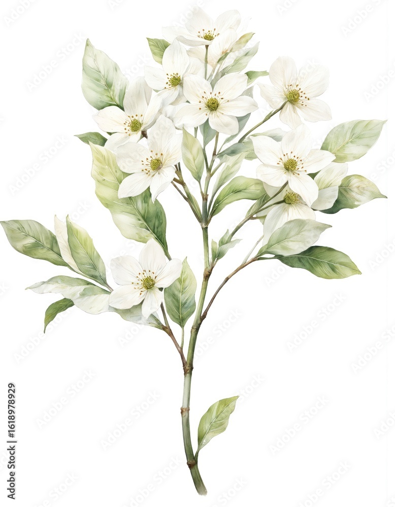 Obraz premium Watercolor illustration of Kousa Dogwood branch with white flowers and green leaves on white background. Delicate botanical art, ideal for gardening, floral design, or nature themes.