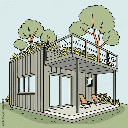 Modern Shipping Container Home, Container house, Container custom home design Plan with Interior Furnishings, Detailed Vector Illustration in Top View for Architectural and Real Estate Design