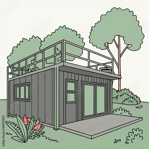 Modern Shipping Container Home, Container house, Container custom home design Plan with Interior Furnishings, Detailed Vector Illustration in Top View for Architectural and Real Estate Design