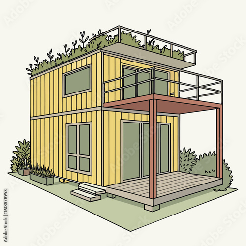 Modern Shipping Container Home, Container house, Container custom home design Plan with Interior Furnishings, Detailed Vector Illustration in Top View for Architectural and Real Estate Design