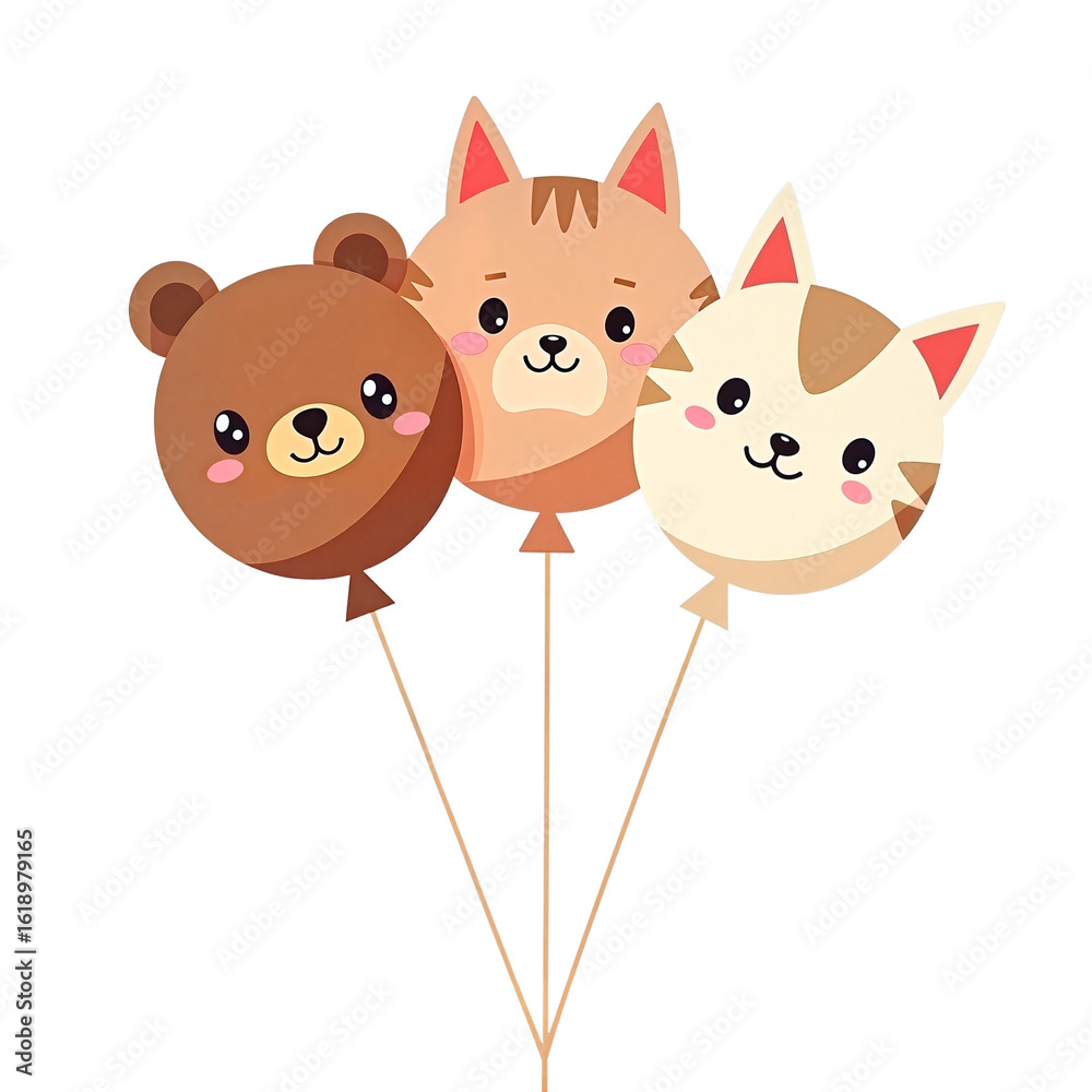 Fototapeta premium Cute animal balloons featuring bear, cat, and dog faces in pastel colors 