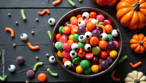 Colorful Halloween candy bowl with pumpkins on dark wooden background  
