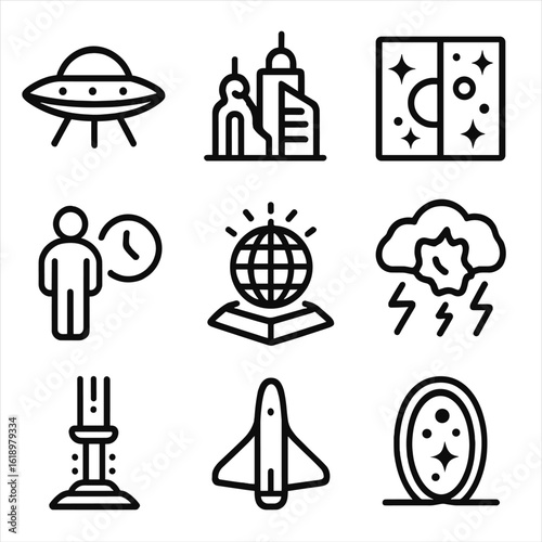 Sci-Fi Icon Grid. Solid, filled icon set of science fiction motifs: alien spaceship, futuristic city, time traveler, parallel