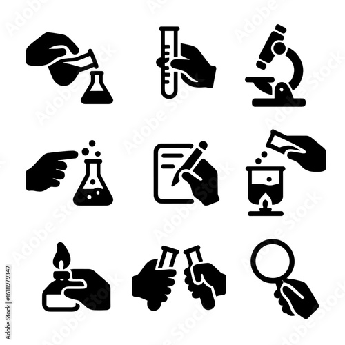 Science Icon Set. Solid, filled icon set of hands-on science activities: mixing chemicals, measuring liquids, using a microscope,