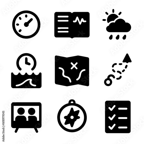 Scuba Dive Planning Icons. Solid, filled icon set of Scuba dive planning: depth gauge, dive logbook, weather forecast, tide chart,