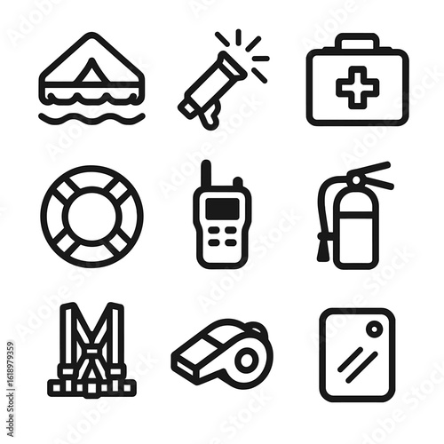 Sea Safety Icons. Solid, filled icon set of sea safety: life raft, emergency flare, first aid kit, radio, life buoy, fire