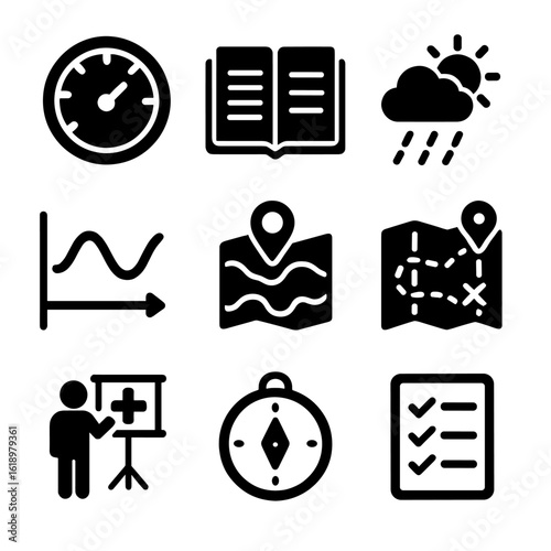 Scuba Dive Planning Icons. Solid, filled icon set of Scuba dive planning: depth gauge, dive logbook, weather forecast, tide chart,