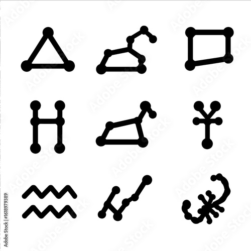 Seasonal Constellation Icons. Solid, filled icon set of seasonal constellations: Winter Triangle, Summer Triangle, Spring Leo,