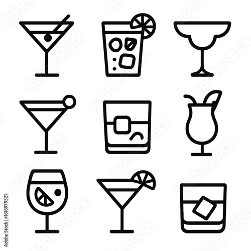 Signature Drinks Icons. Solid, filled icon set of signature drinks: martini, mojito, margarita, cosmopolitan, old fashioned, piña