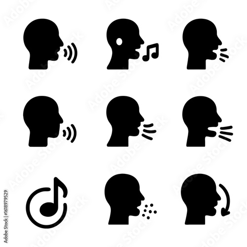Singing Techniques Icons. Solid, filled icon set of singing techniques: vibrato, falsetto, chest voice, head voice, breath control