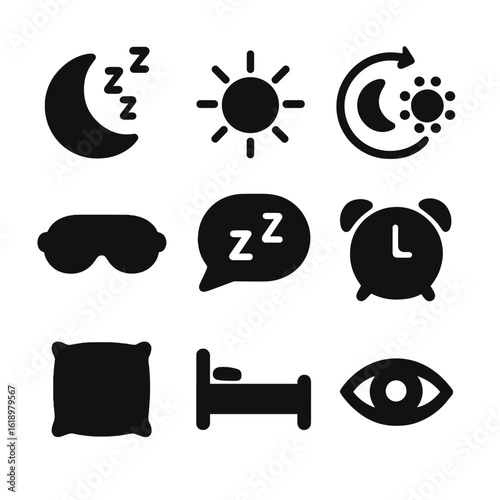 Sleep-Wake Icon Set. Solid, filled icon set of sleep and wake cycles: sleeping moon, wake-up sun, circadian rhythm, sleep mask,