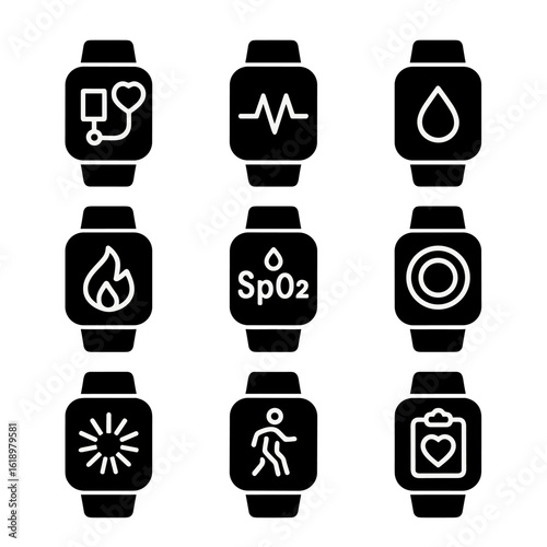 Smartwatch Health Icons. Solid, filled icon set of smartwatch health tracking: blood pressure, ECG, hydration reminder, calories