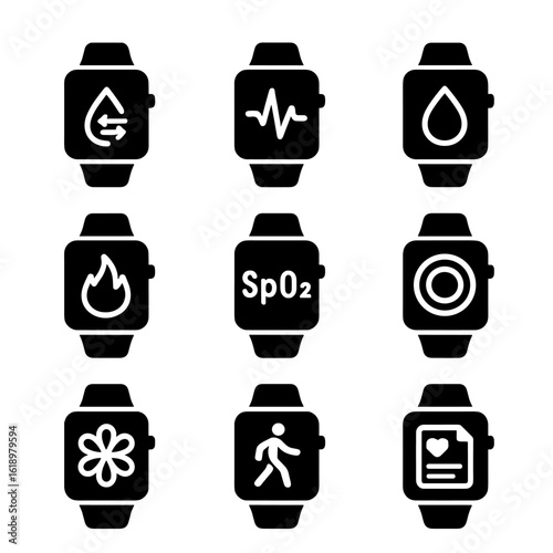Smartwatch Health Icons. Solid, filled icon set of smartwatch health tracking: blood pressure, ECG, hydration reminder, calories