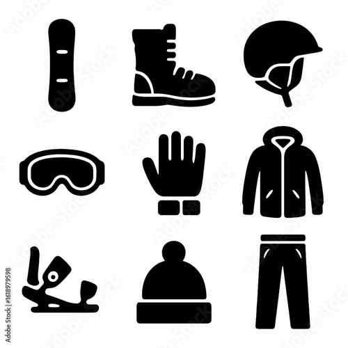 Snowboarding Gear Icons. Solid, filled icon set of snowboarding gear: snowboard, boots, helmet, goggles, gloves, jacket, bindings,