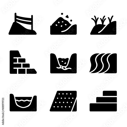 Soil Erosion Control Icons. Solid, filled icon set of soil erosion control techniques: silt fence, mulch cover, planting grasses,
