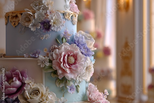 Stunning wedding cake adorned with delicate handmade sugar flowers in pastel hues, perfect for luxury events and sophisticated celebrations, creating a romantic and elegant atmosphere