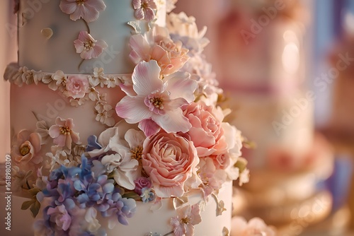 Stunning wedding cake adorned with delicate sugar flowers in pastel shades, perfect for elegant celebrations and romantic events, a beautiful centerpiece for memorable occasions