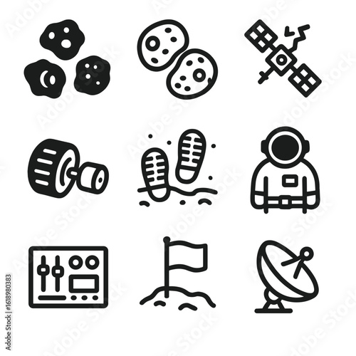 Space Exploration Artifacts. Solid, filled icon set of remains in space exploration: meteor fragments, moon rocks, satellite