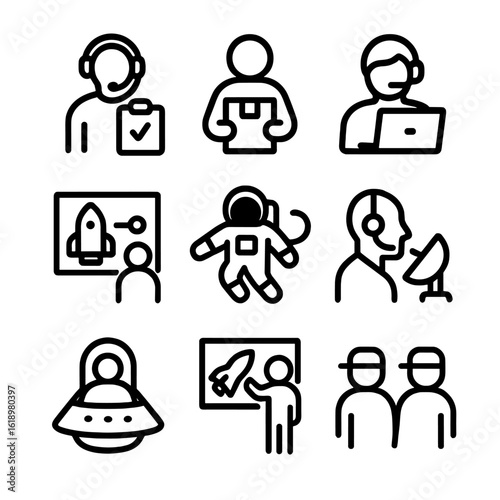 Space Mission Role Icons. Solid, filled icon set of space mission roles: flight director, payload specialist, launch controller,
