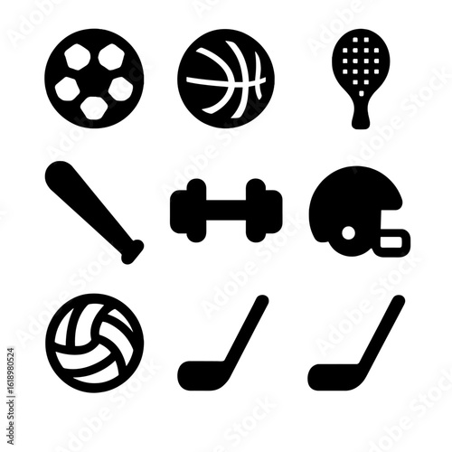 Sports Equipment Icons. Solid, filled icon set of sports equipment: soccer ball, basketball, tennis racket, baseball bat, dumbbell