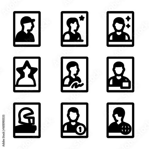 Sports Trading Card Icons. Solid, filled icon set of sports trading card themes: vintage, modern, holographic, rookie, autograph,