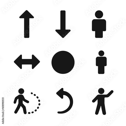 Stage Direction Icons. Solid, filled icon set of stage directions: upstage arrow, downstage arrow, stage left, stage right, center